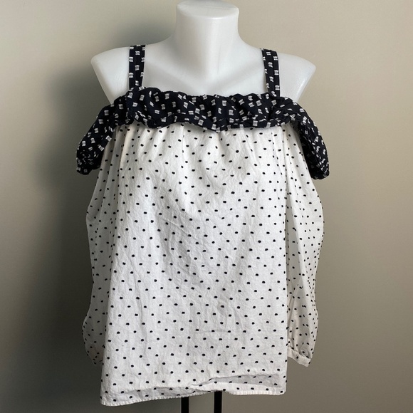 LOFT White Black Polka Dots Long Sleeve Cold Shoulder Top Swiss Dot Size Medium - Picture 1 of 16
